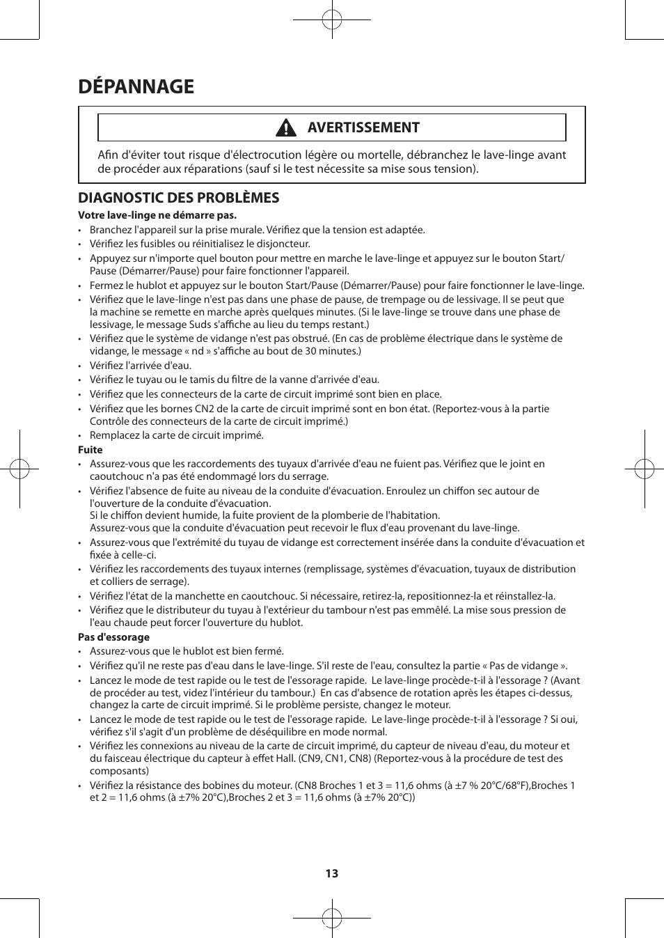 Dépannage, Diagnostic des problèmes, Avertissement | Samsung WA48H7400AW-A2 User Manual | Page 33 / 60