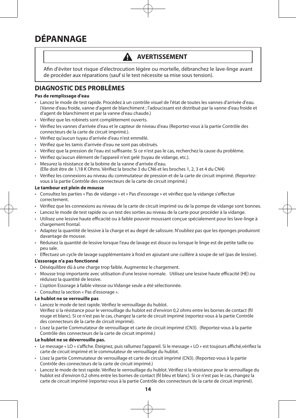 Dépannage, Diagnostic des problèmes, Avertissement | Samsung WA48H7400AW-A2 User Manual | Page 34 / 60