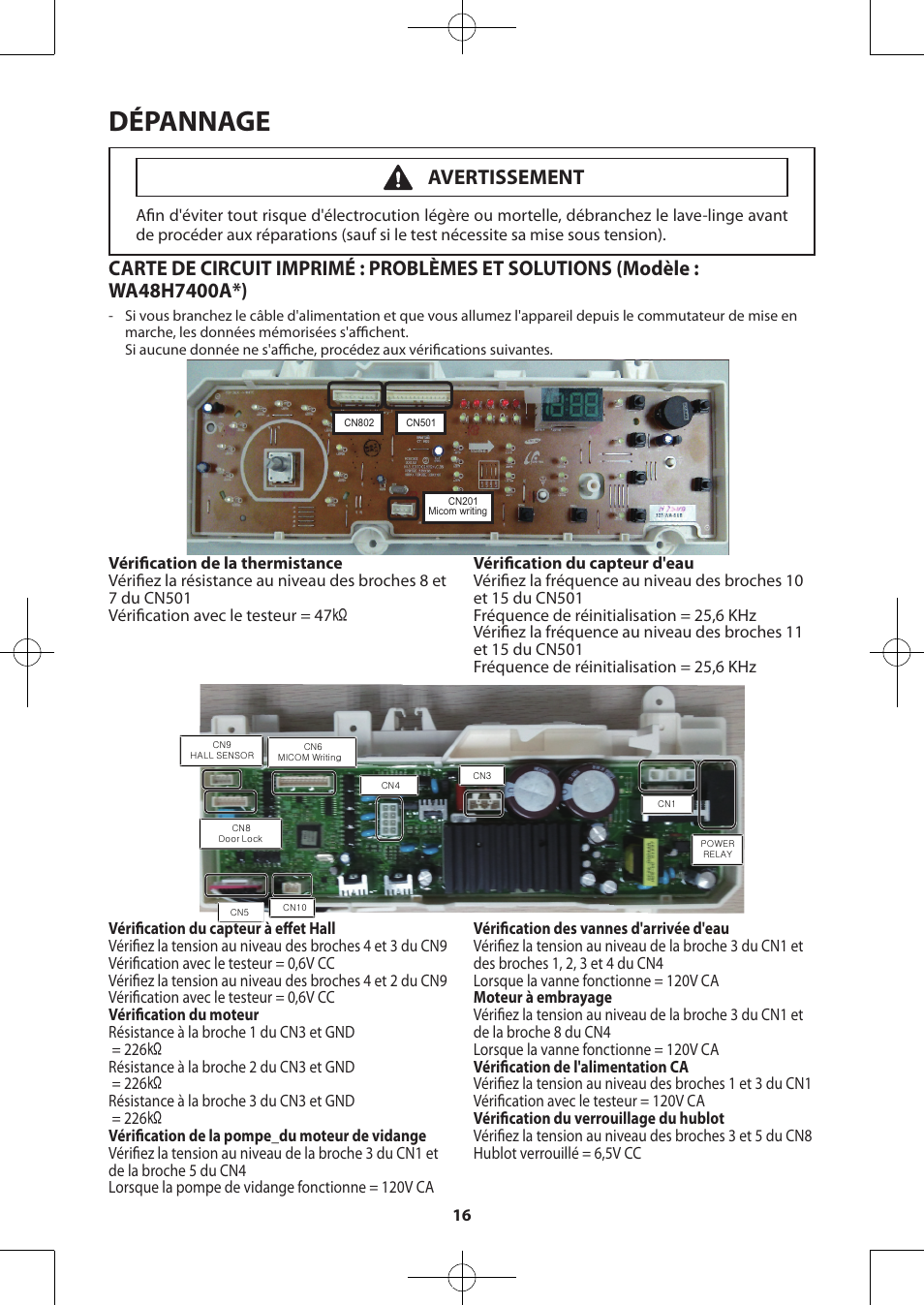 Dépannage, Avertissement | Samsung WA48H7400AW-A2 User Manual | Page 36 / 60