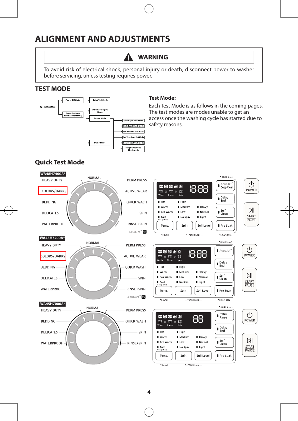 Alignment and adjustments, Test mode, Quick test mode | Warning | Samsung WA48H7400AW-A2 User Manual | Page 4 / 60