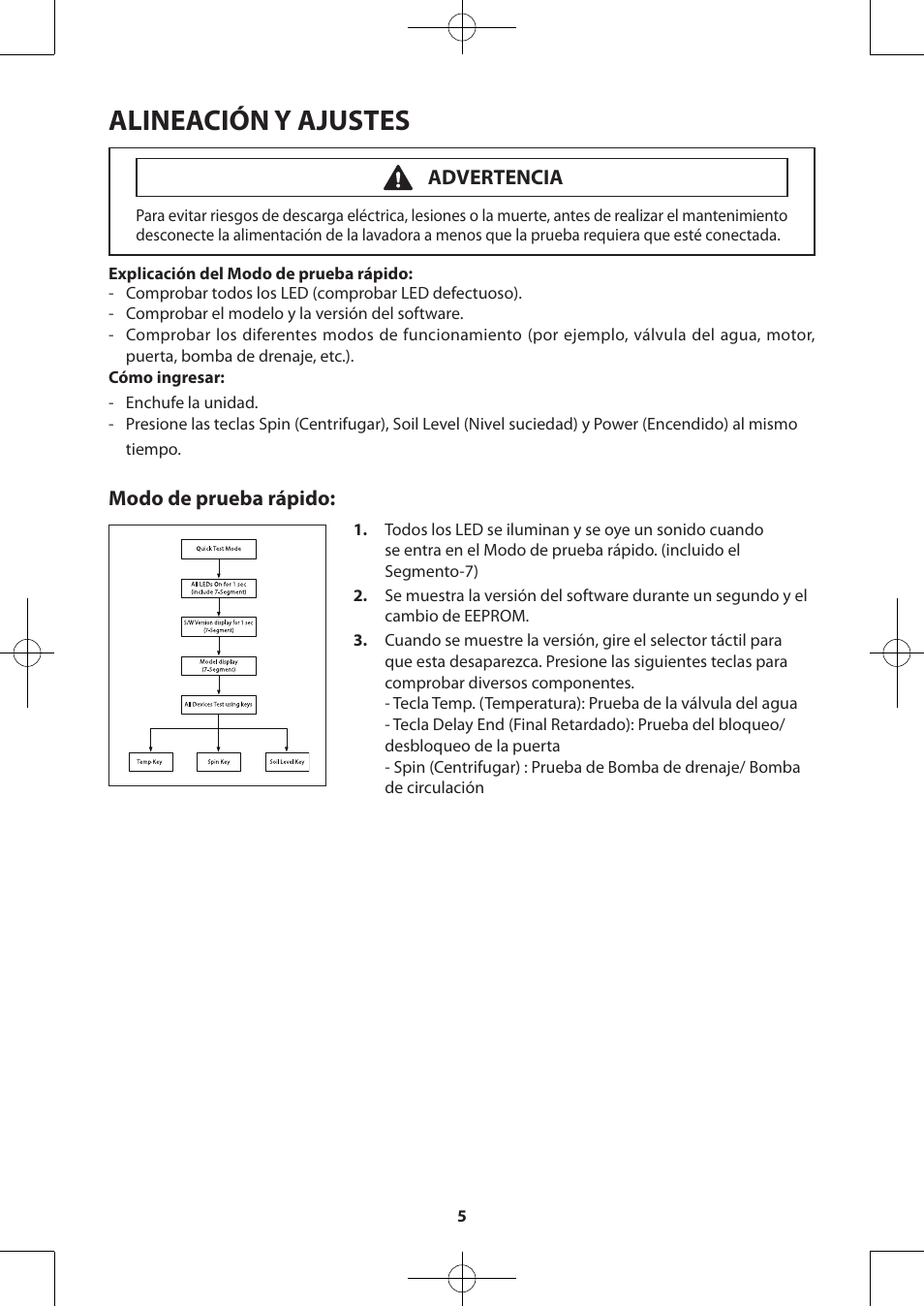 Alineación y ajustes, Modo de prueba rápido, Advertencia | Samsung WA48H7400AW-A2 User Manual | Page 45 / 60