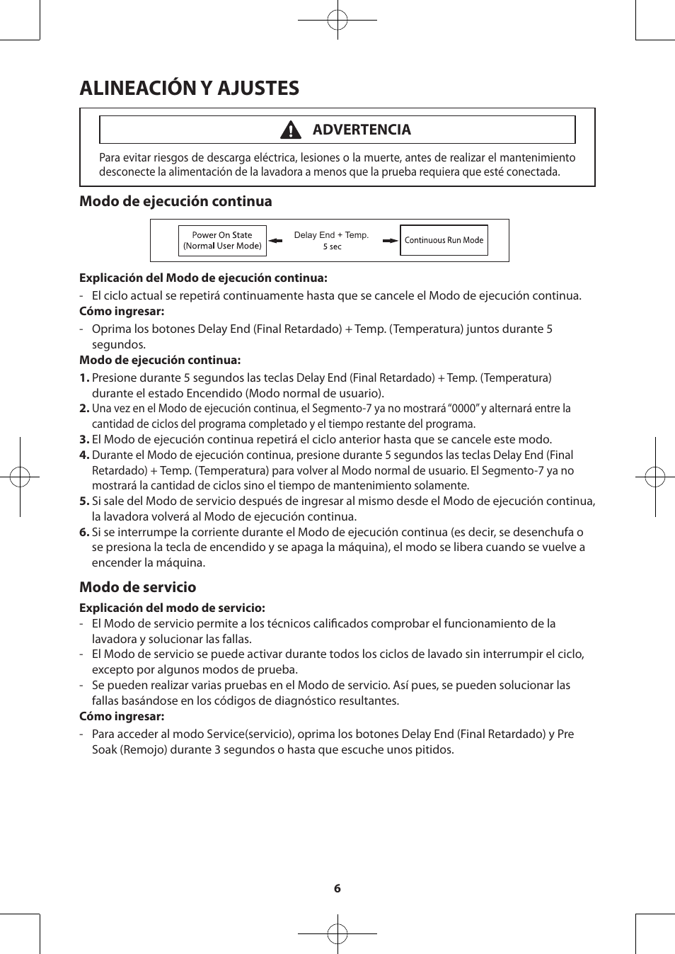 Alineación y ajustes, Modo de ejecución continua, Modo de servicio | Advertencia | Samsung WA48H7400AW-A2 User Manual | Page 46 / 60