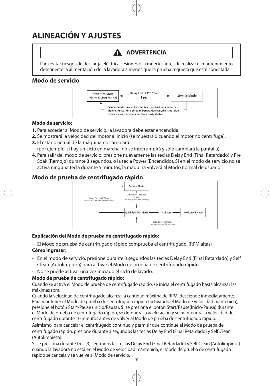 Alineación y ajustes, Modo de servicio, Modo de prueba de centrifugado rápido | Advertencia | Samsung WA48H7400AW-A2 User Manual | Page 47 / 60