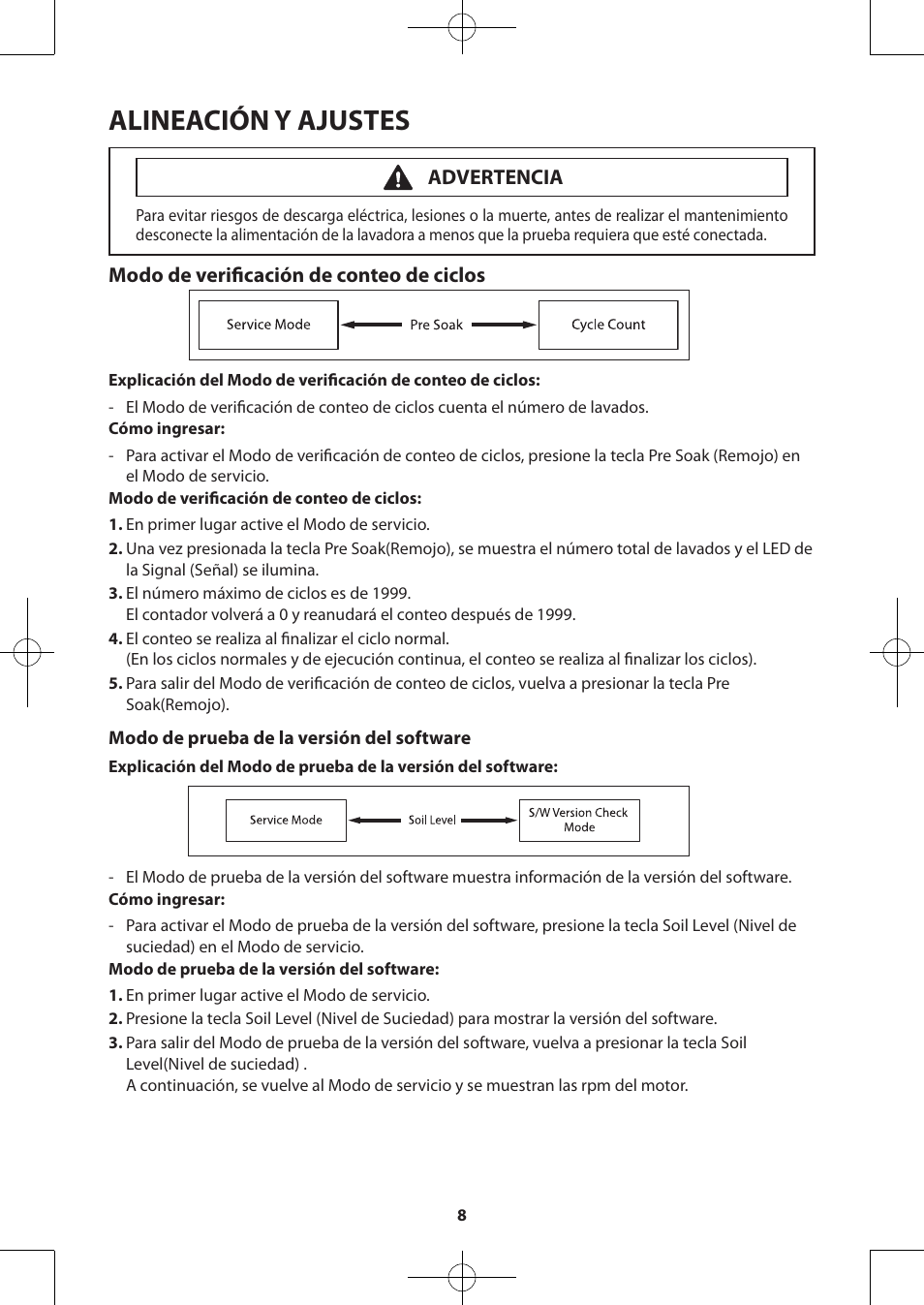 Alineación y ajustes, Modo de verificación de conteo de ciclos, Advertencia | Samsung WA48H7400AW-A2 User Manual | Page 48 / 60