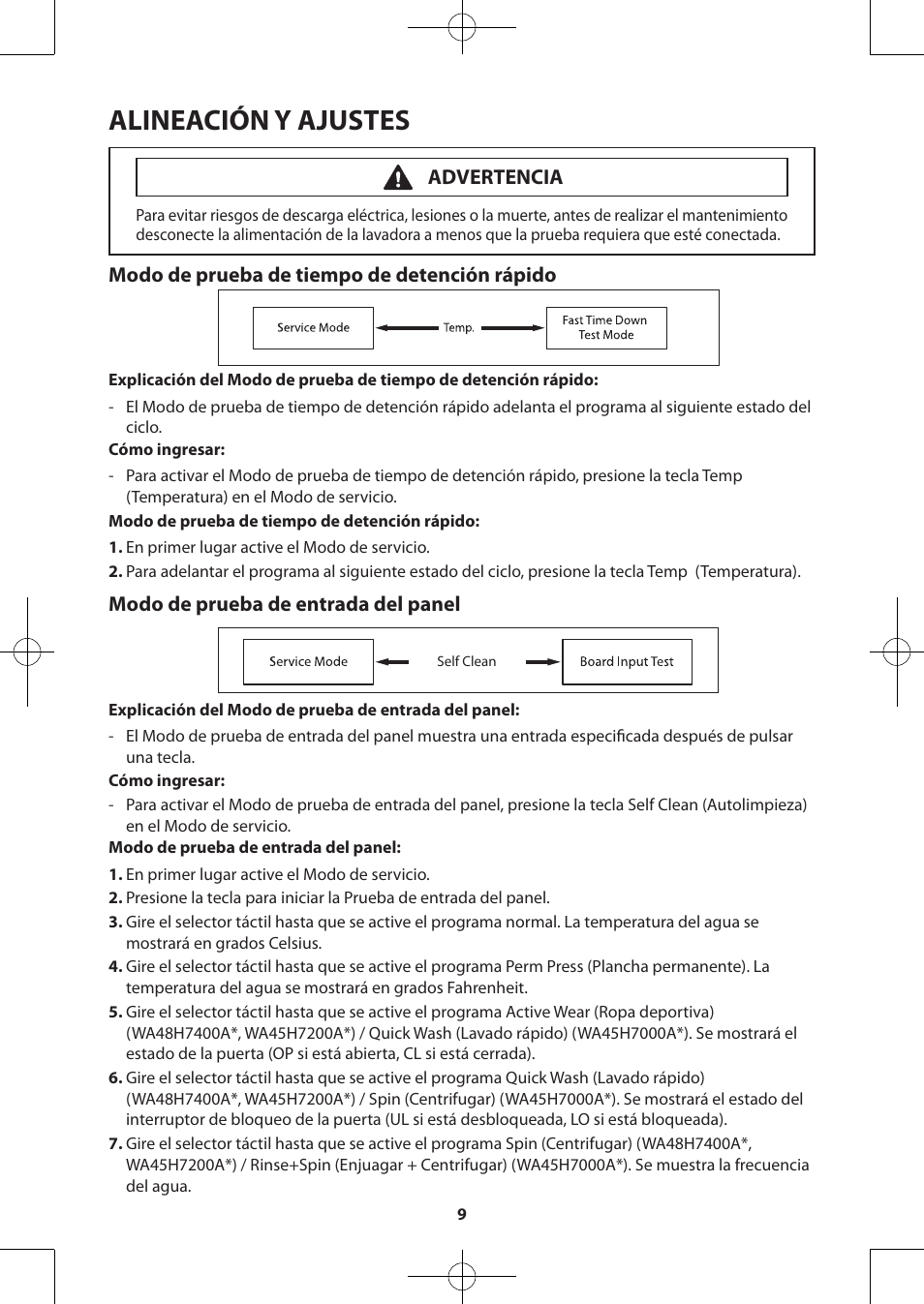 Alineación y ajustes, Modo de prueba de tiempo de detención rápido, Modo de prueba de entrada del panel | Advertencia | Samsung WA48H7400AW-A2 User Manual | Page 49 / 60