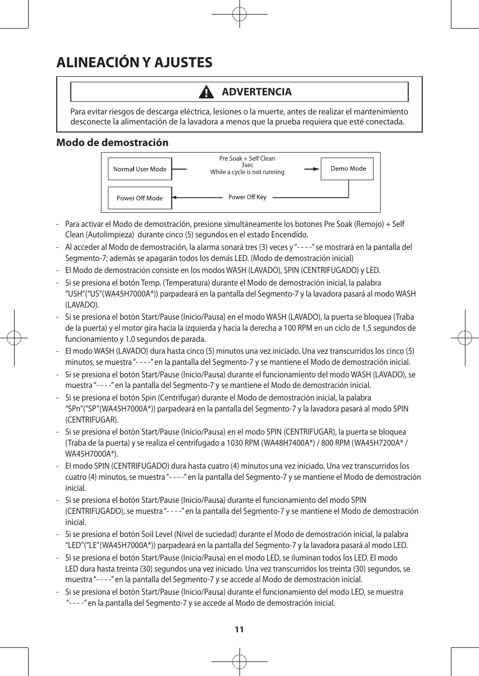 Alineación y ajustes, Modo de demostración, Advertencia | Samsung WA48H7400AW-A2 User Manual | Page 51 / 60