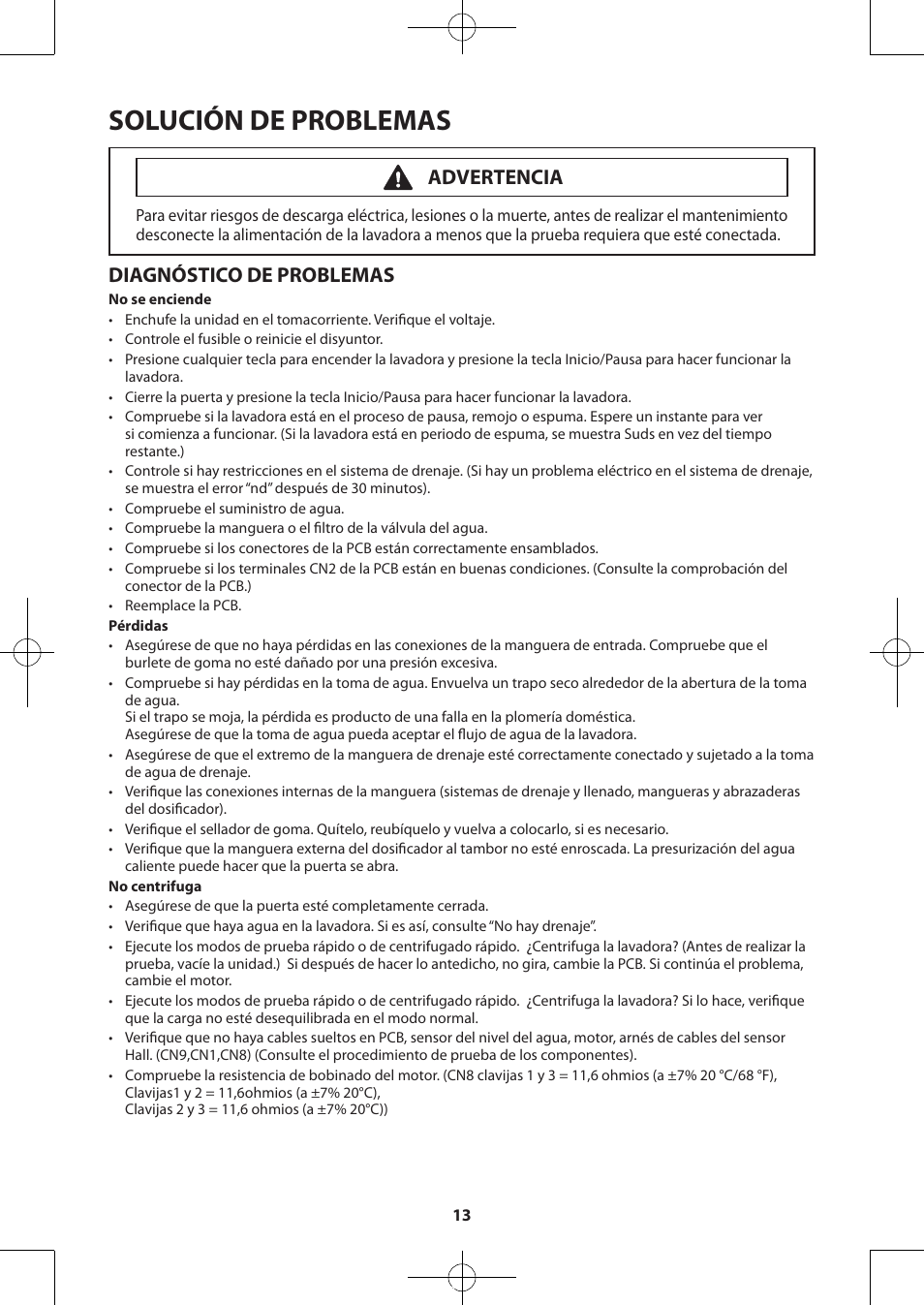 Solución de problemas, Diagnóstico de problemas, Advertencia | Samsung WA48H7400AW-A2 User Manual | Page 53 / 60