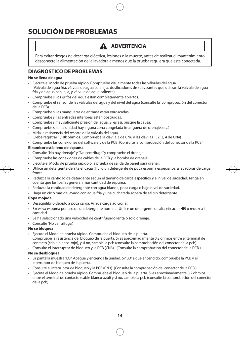 Solución de problemas, Diagnóstico de problemas, Advertencia | Samsung WA48H7400AW-A2 User Manual | Page 54 / 60