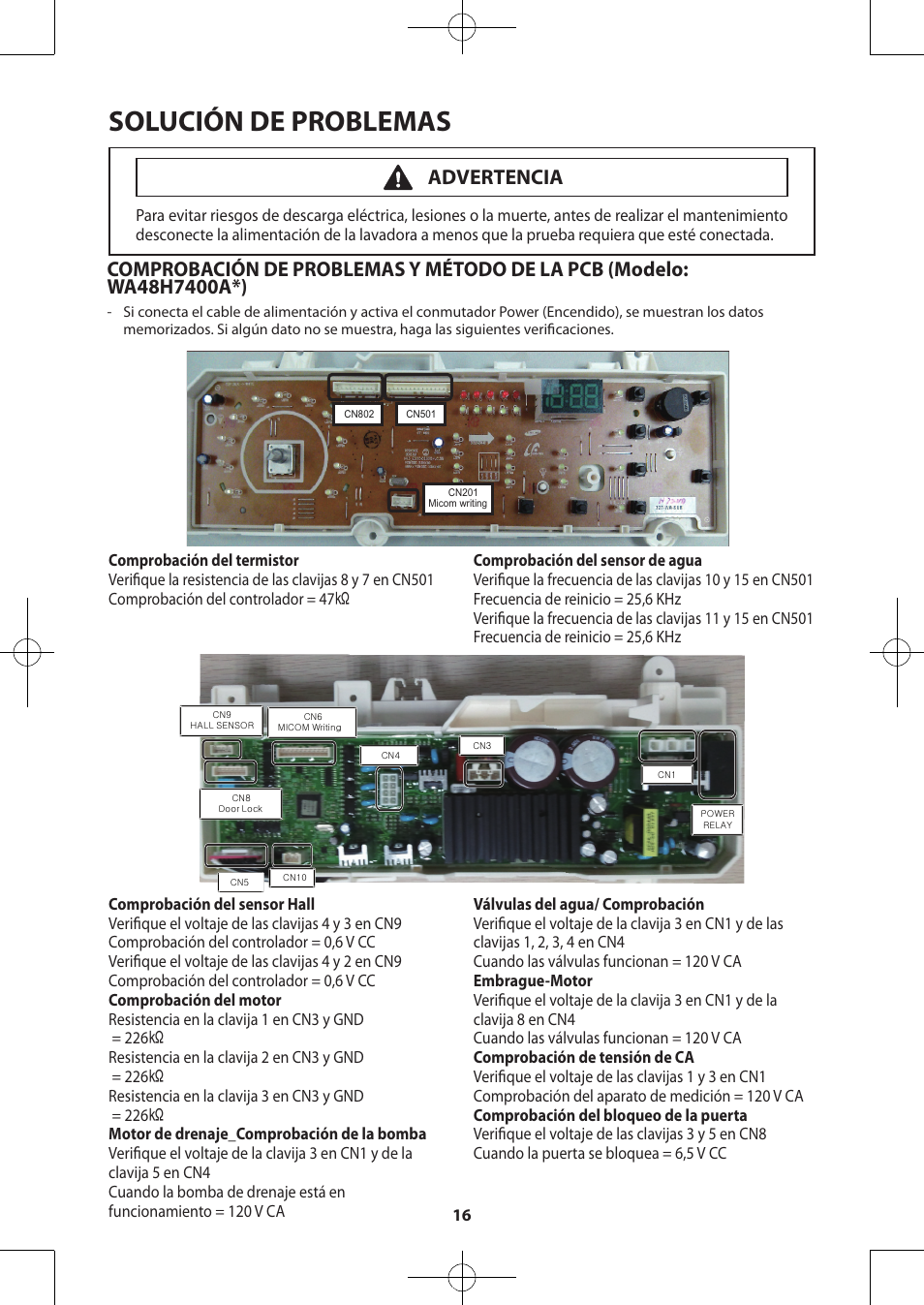 Solución de problemas, Advertencia | Samsung WA48H7400AW-A2 User Manual | Page 56 / 60