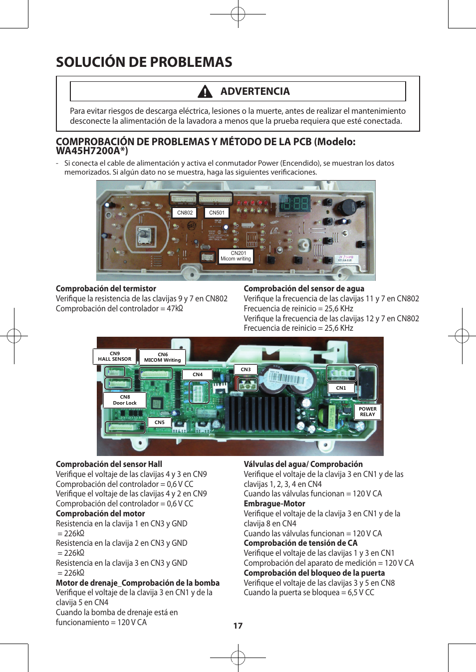 Solución de problemas, Advertencia | Samsung WA48H7400AW-A2 User Manual | Page 57 / 60