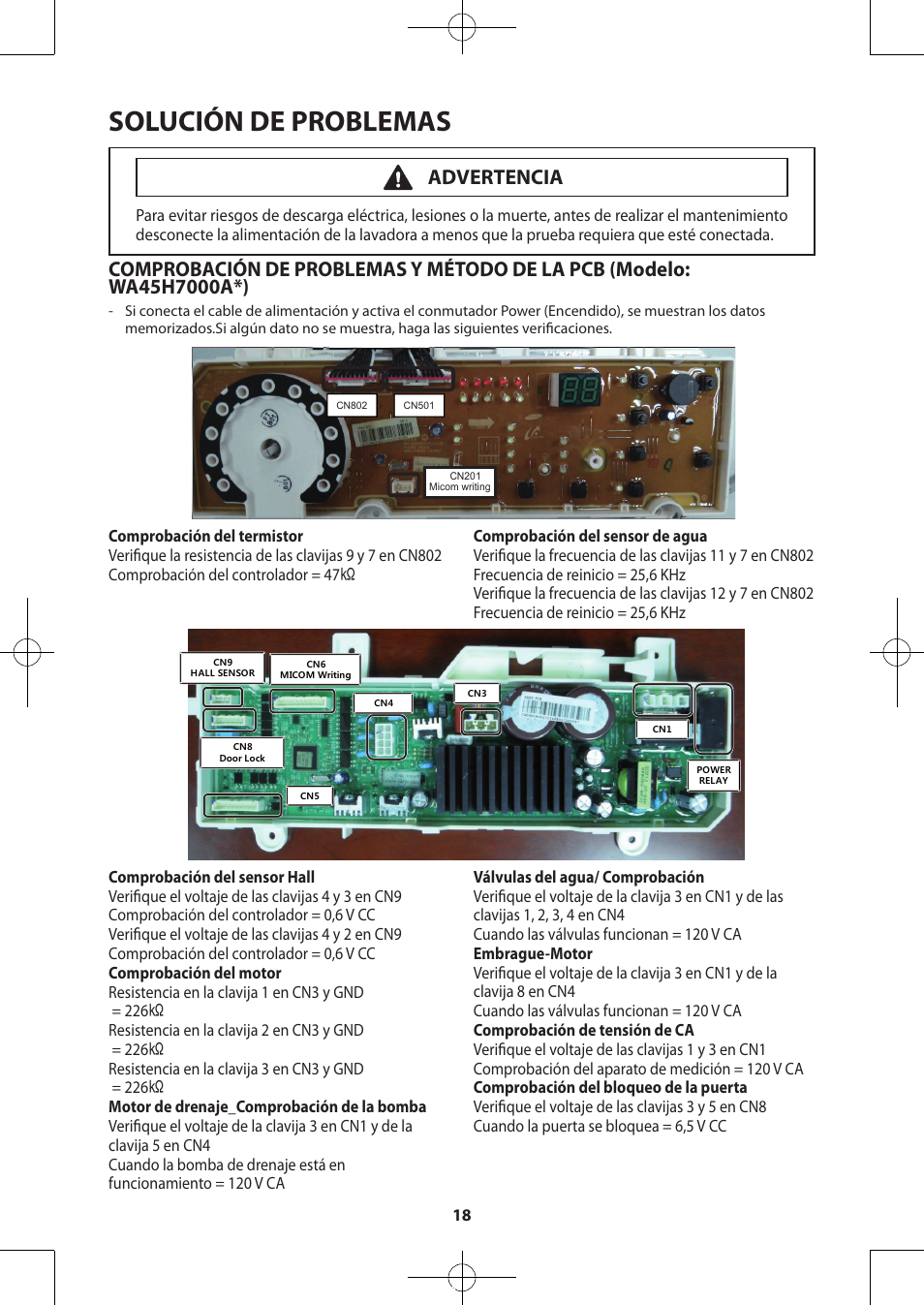 Solución de problemas, Advertencia | Samsung WA48H7400AW-A2 User Manual | Page 58 / 60