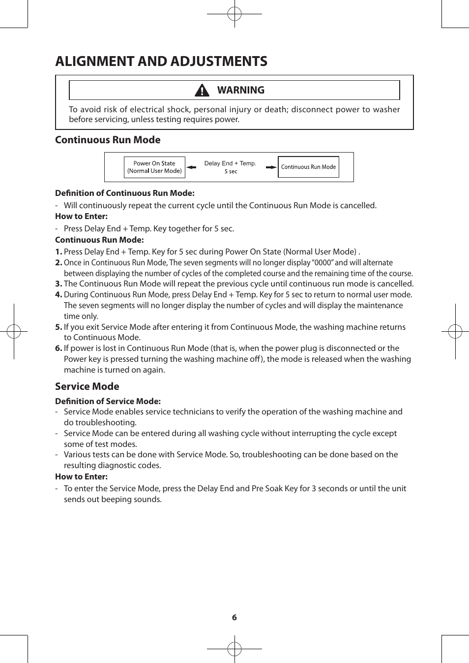 Alignment and adjustments, Continuous run mode, Service mode | Warning | Samsung WA48H7400AW-A2 User Manual | Page 6 / 60