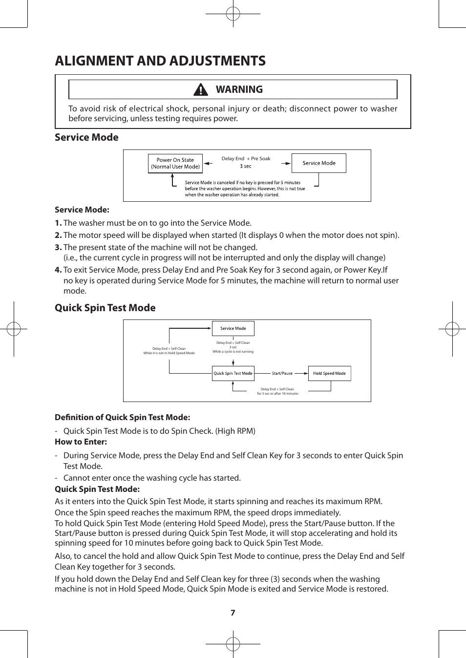 Alignment and adjustments, Service mode, Quick spin test mode | Warning | Samsung WA48H7400AW-A2 User Manual | Page 7 / 60