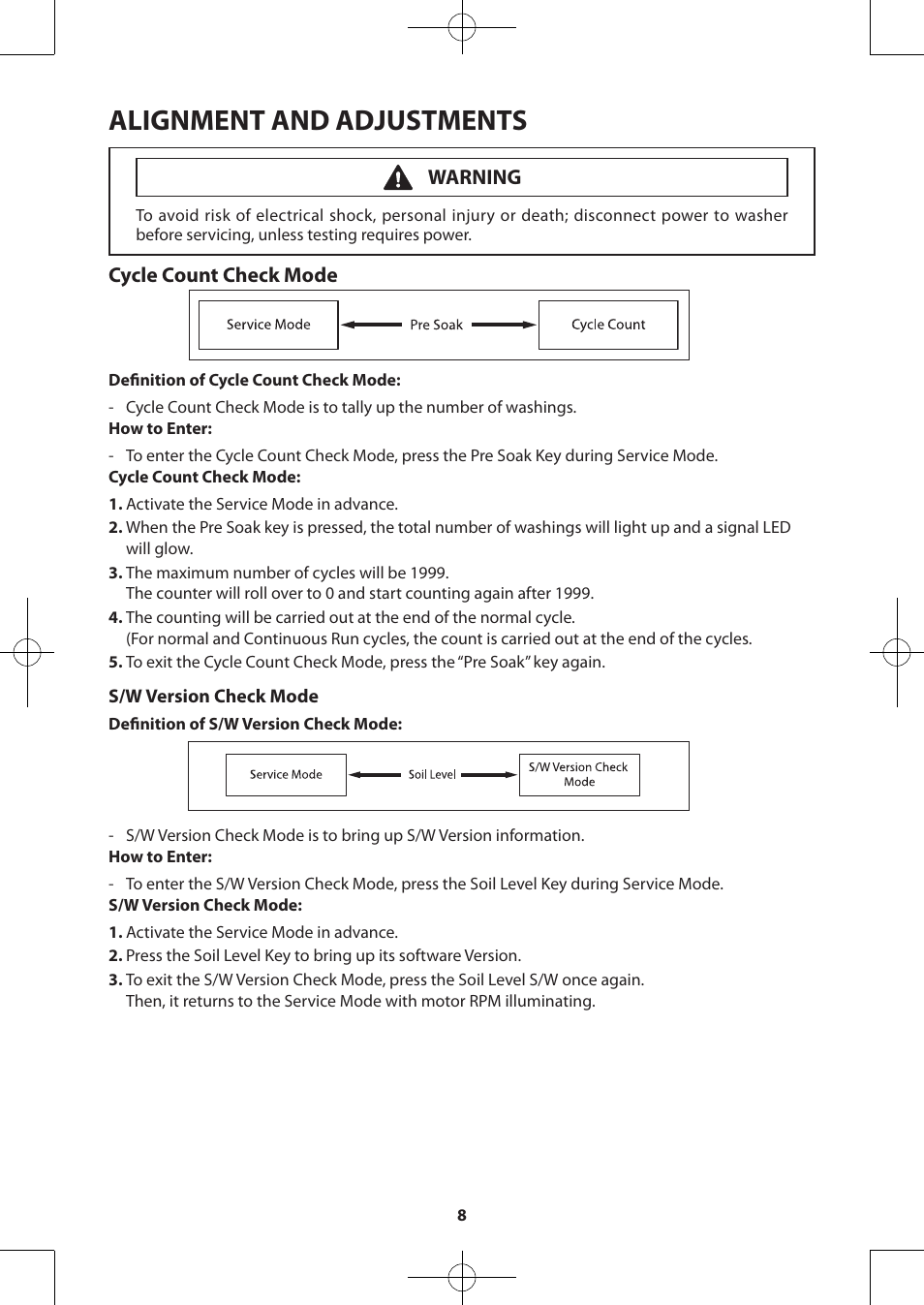 Alignment and adjustments, Cycle count check mode, Warning | Samsung WA48H7400AW-A2 User Manual | Page 8 / 60