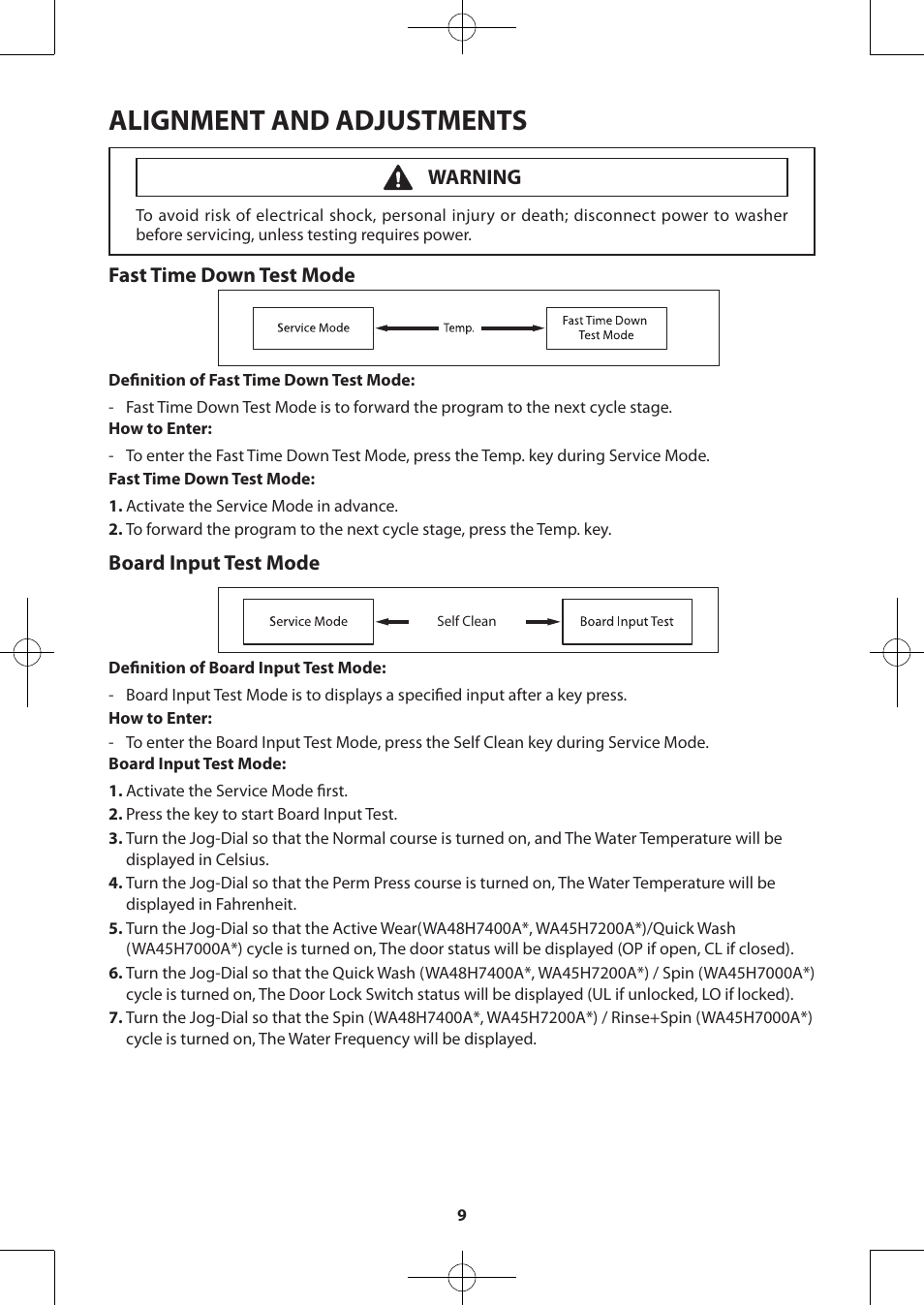 Alignment and adjustments, Fast time down test mode, Board input test mode | Warning | Samsung WA48H7400AW-A2 User Manual | Page 9 / 60