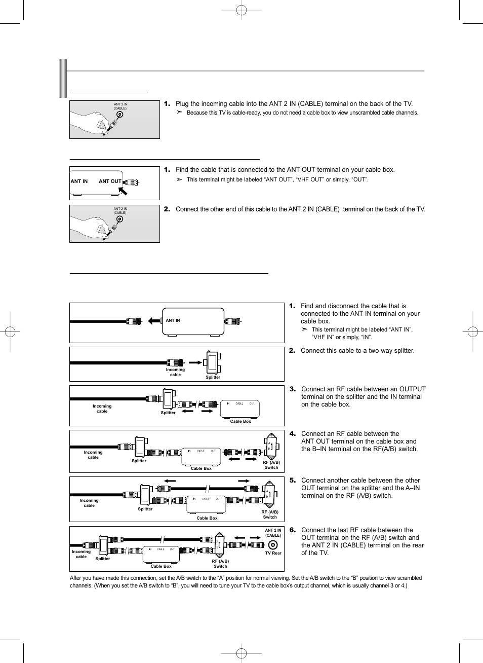 Connecting cable tv | Samsung LNS3292DX-XAA User Manual | Page 10 / 183