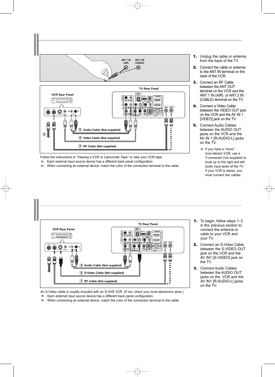 Connecting a vcr, Connecting an s-vhs vcr | Samsung LNS3292DX-XAA User Manual | Page 11 / 183