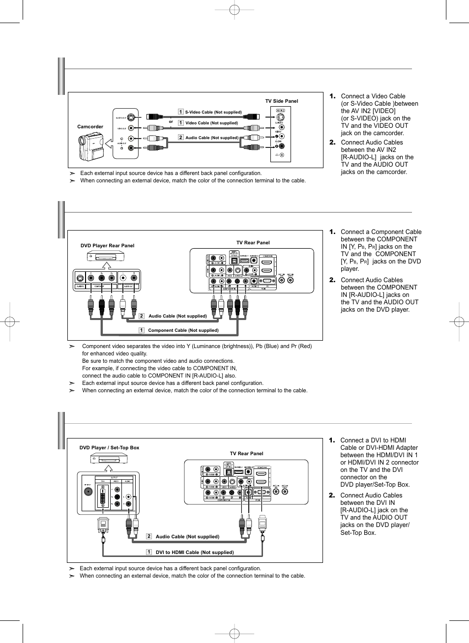 Connecting a camcorder, Connecting a dvd player, Connecting a dvd player/set-top box via dvi | Samsung LNS3292DX-XAA User Manual | Page 12 / 183