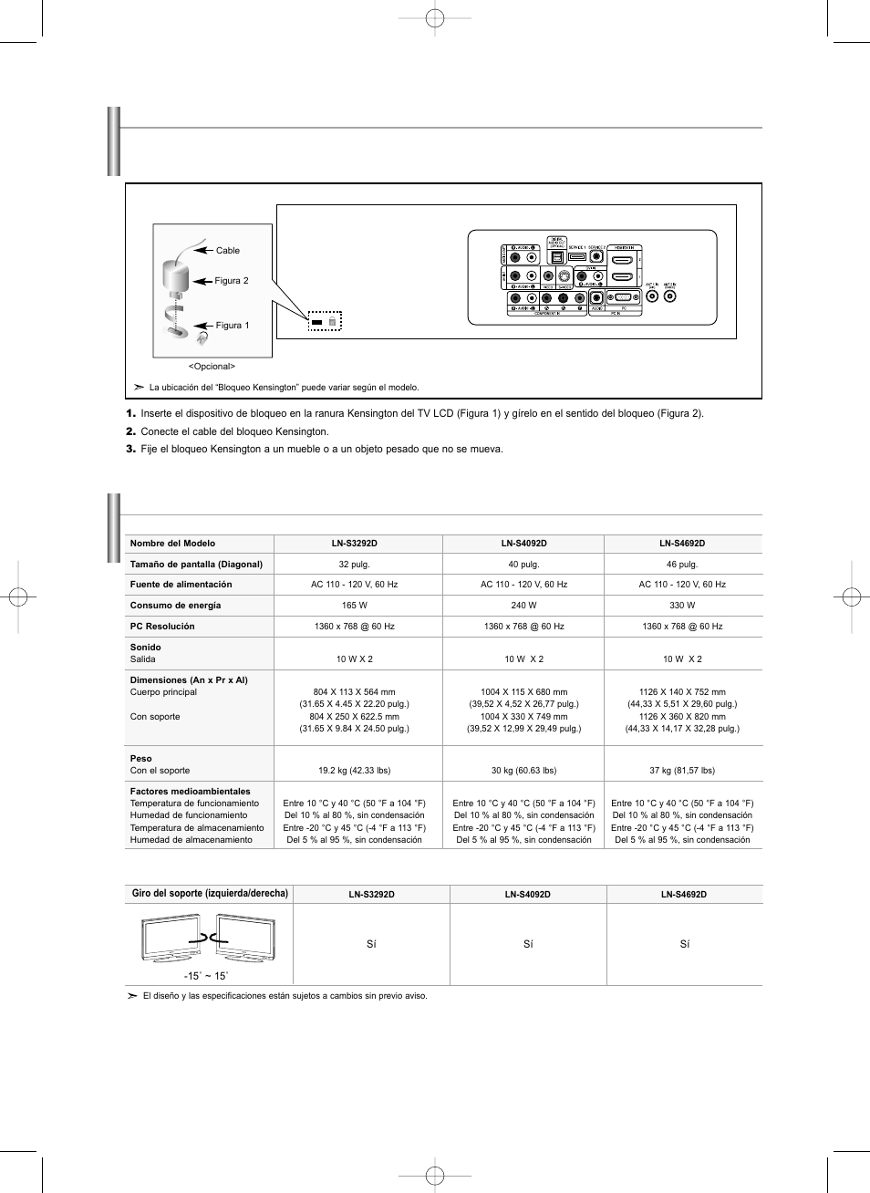 Uso del cierre antirrobo kensington, Especificaciones | Samsung LNS3292DX-XAA User Manual | Page 182 / 183