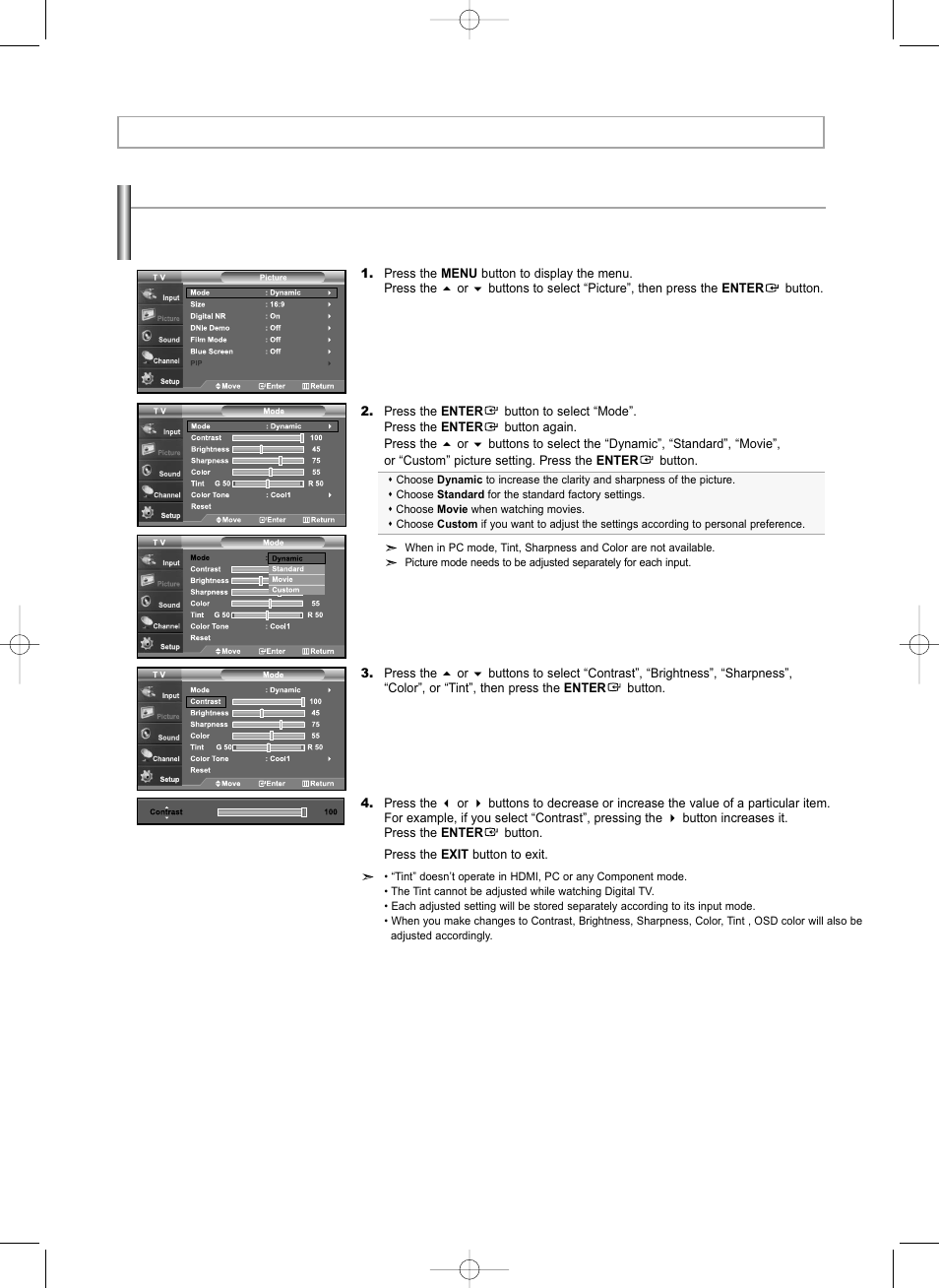 Picture control, Using automatic picture settings | Samsung LNS3292DX-XAA User Manual | Page 25 / 183