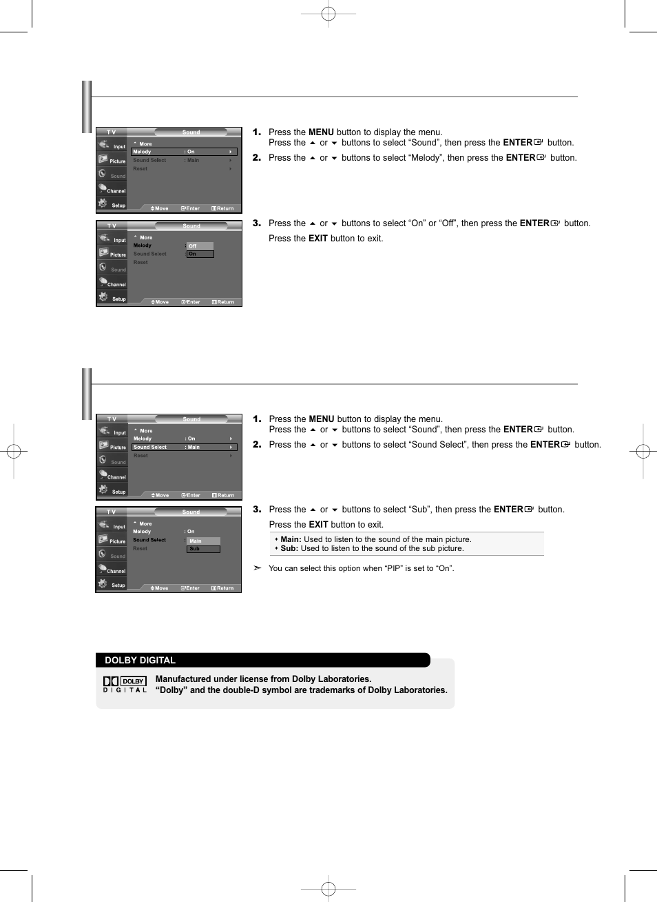 Setting the on/off melody, Listening to the sound of the sub (pip) picture | Samsung LNS3292DX-XAA User Manual | Page 33 / 183