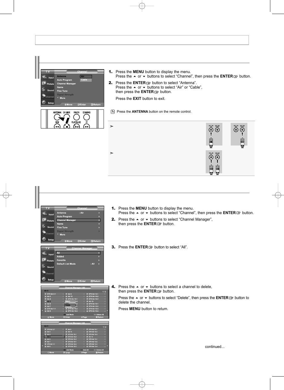 Channel control, Selecting the antenna, Setting the channel manager | Samsung LNS3292DX-XAA User Manual | Page 34 / 183