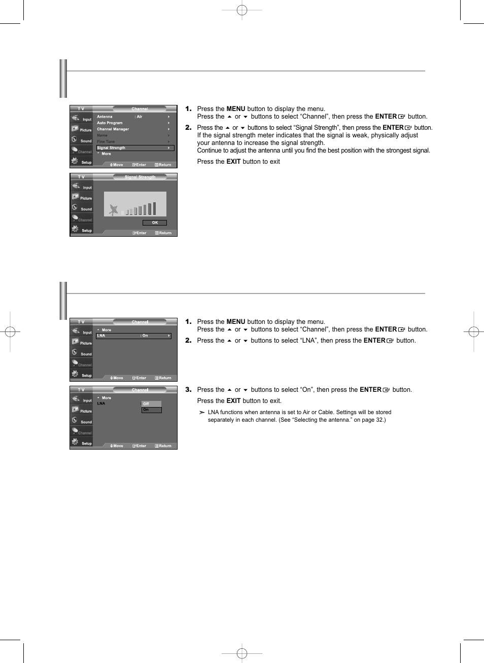 Checking the digital-signal strength, Lna (low noise amplifier) | Samsung LNS3292DX-XAA User Manual | Page 38 / 183