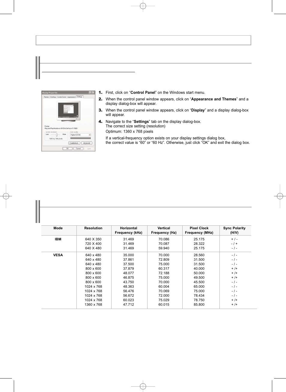 Pc display, Using your tv as a computer (pc) display, Display modes | Samsung LNS3292DX-XAA User Manual | Page 39 / 183