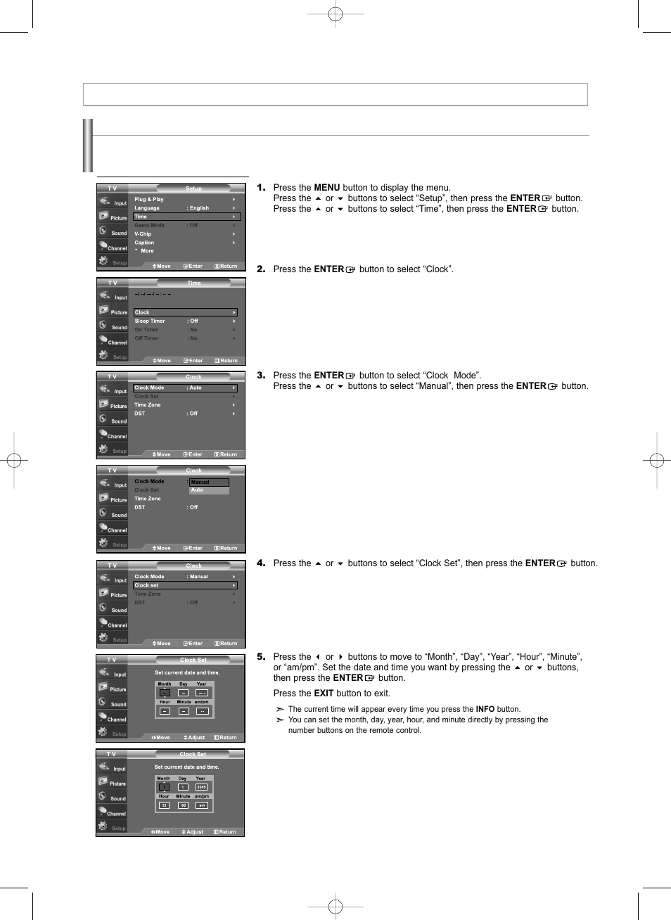 Time setting, Setting the clock | Samsung LNS3292DX-XAA User Manual | Page 42 / 183