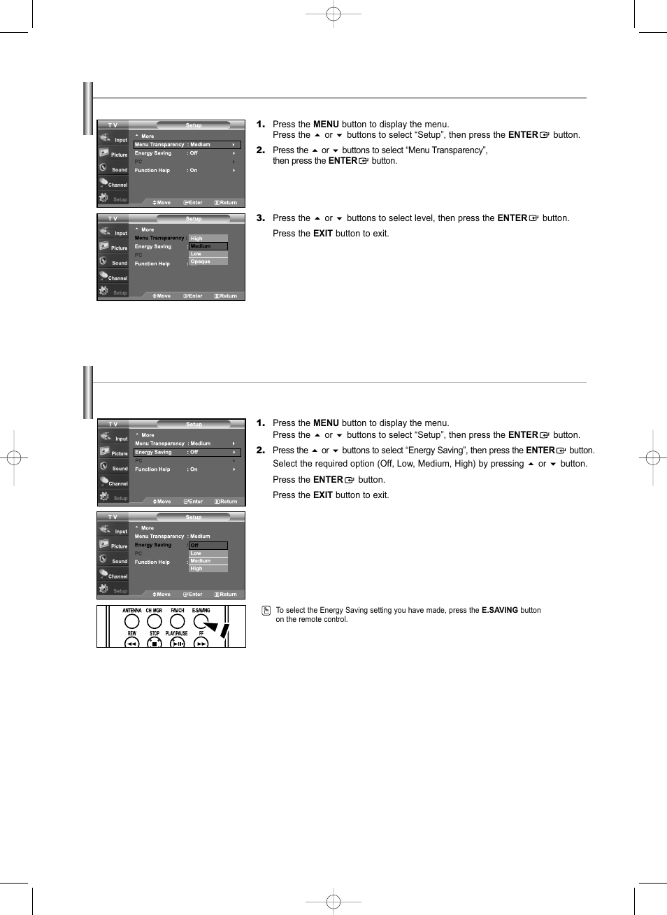 Menu transparency level, Using the energy saving feature | Samsung LNS3292DX-XAA User Manual | Page 49 / 183