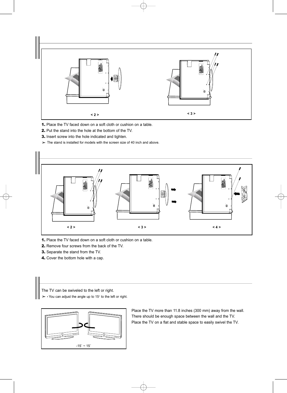 Installing the stand, Disconnecting the stand, Stand swivel function | Samsung LNS3292DX-XAA User Manual | Page 58 / 183