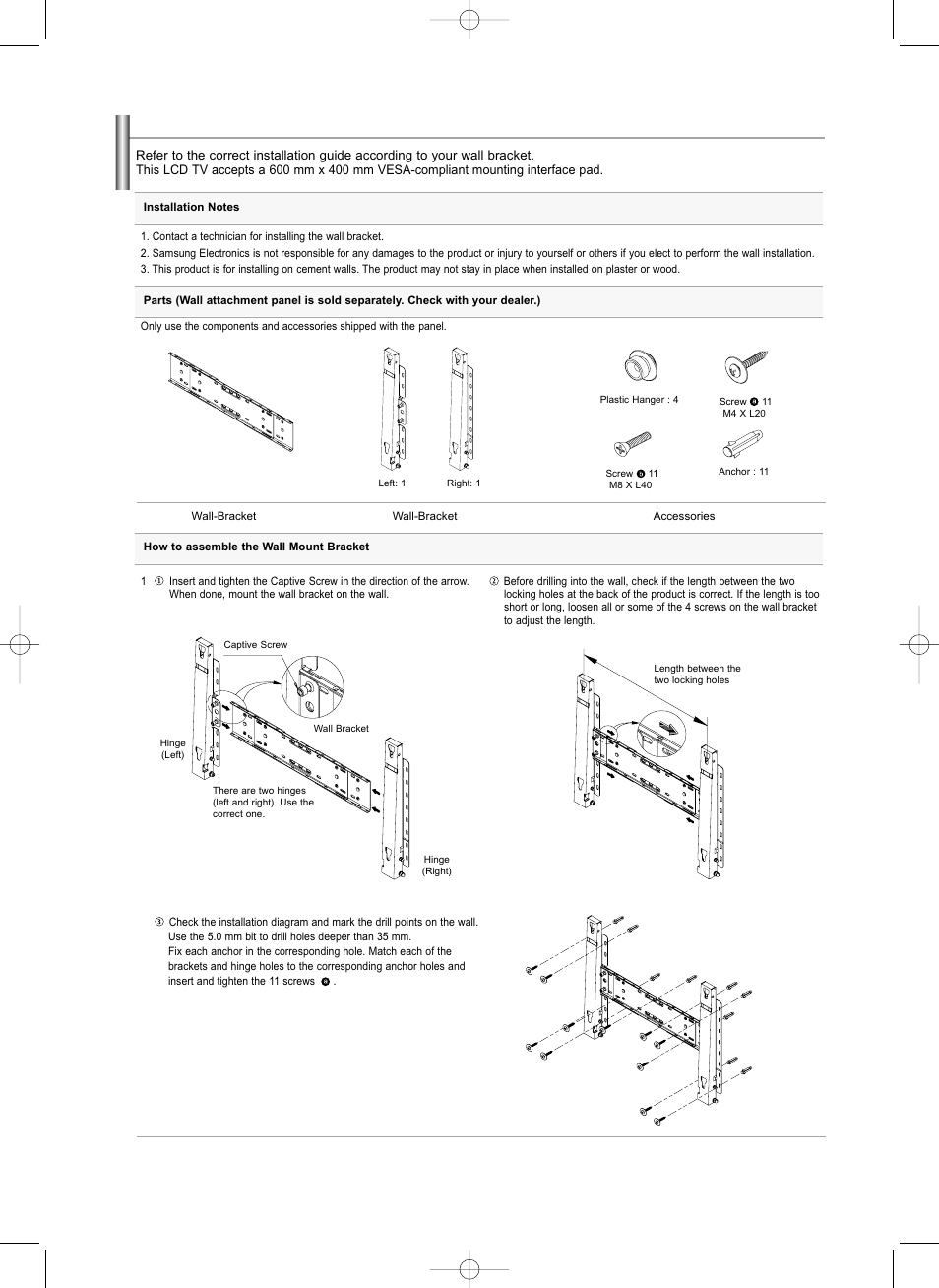 Installing the wall mount kit (ln-s4692d) | Samsung LNS3292DX-XAA User Manual | Page 60 / 183