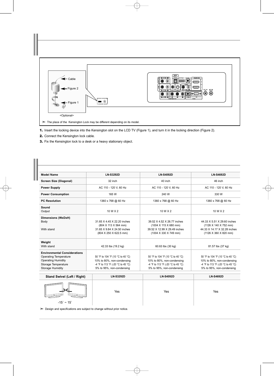 Using the anti-theft kensington lock, Specifications | Samsung LNS3292DX-XAA User Manual | Page 62 / 183