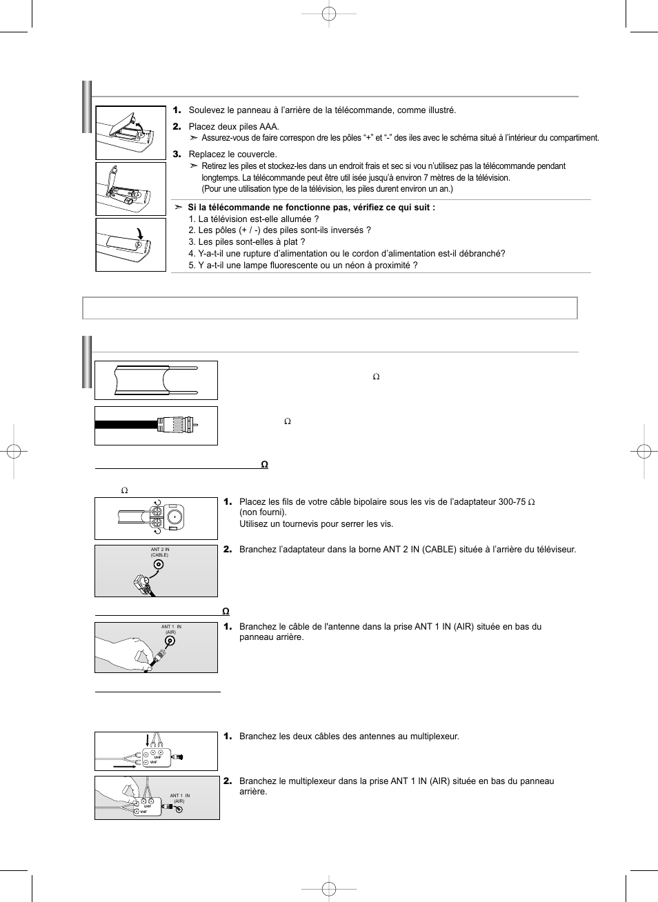 Connexions, Connexion d’antennes vhf et uhf, Insertion des piles dans la télécommande | Samsung LNS3292DX-XAA User Manual | Page 69 / 183