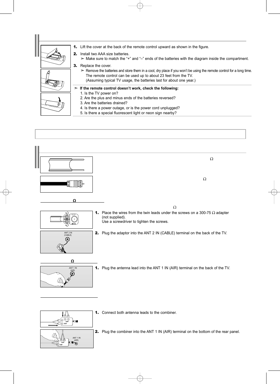 Installing batteries in the remote control, Connections, Connecting vhf and uhf antennas | Samsung LNS3292DX-XAA User Manual | Page 9 / 183