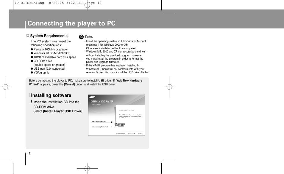 Connecting the player to pc, Installing software | Samsung YP-U1Z-XAP User Manual | Page 12 / 58