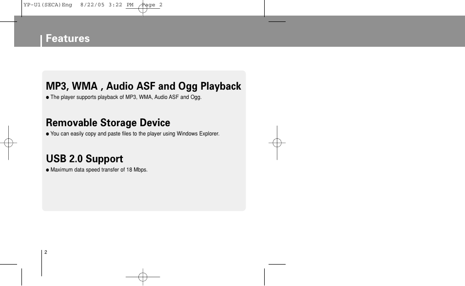 Features, Mp3, wma , audio asf and ogg playback, Removable storage device | Usb 2.0 support | Samsung YP-U1Z-XAP User Manual | Page 2 / 58