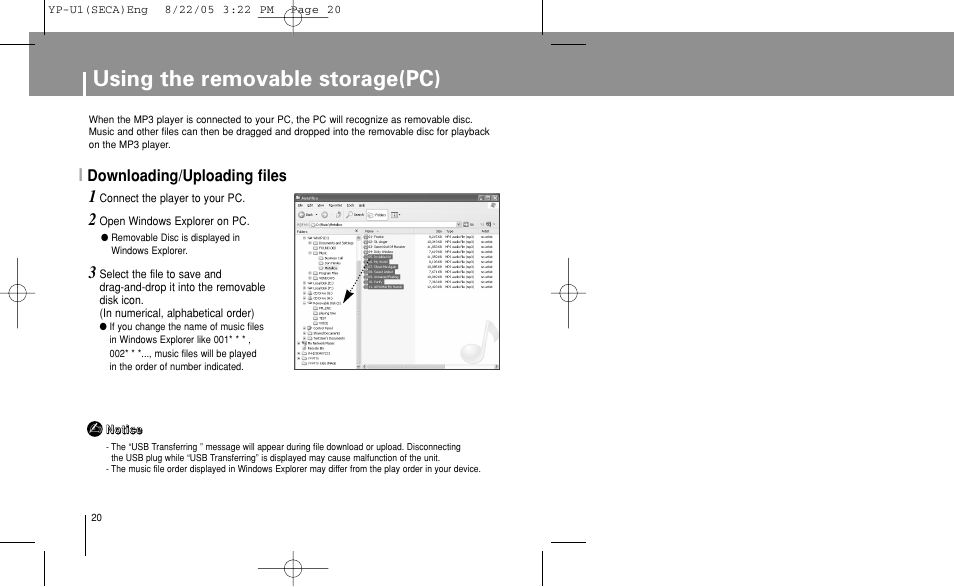 Using the removable storage(pc), Downloading/uploading files | Samsung YP-U1Z-XAP User Manual | Page 20 / 58