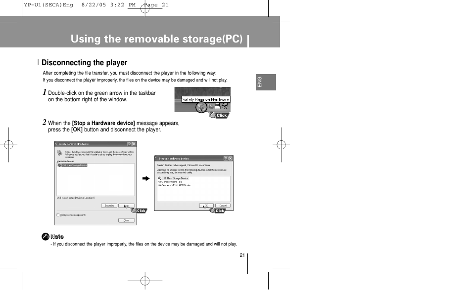 Disconnecting the player, Using the removable storage(pc) | Samsung YP-U1Z-XAP User Manual | Page 21 / 58