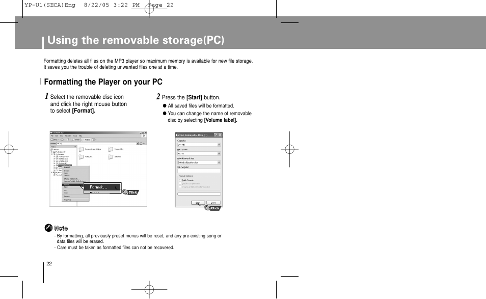 Formatting the player on your pc, Using the removable storage(pc) | Samsung YP-U1Z-XAP User Manual | Page 22 / 58