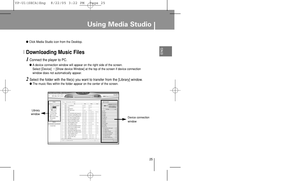 Using media studio, Downloading music files, Idownloading music files 1 | Samsung YP-U1Z-XAP User Manual | Page 25 / 58