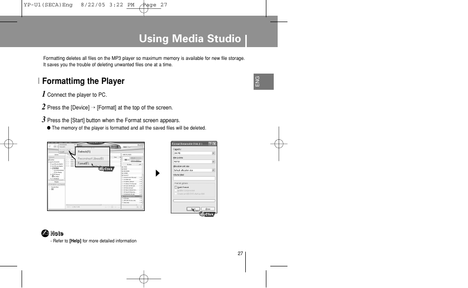 Formattimg the player, Using media studio, Iformattimg the player | Samsung YP-U1Z-XAP User Manual | Page 27 / 58