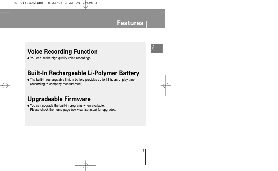 Features, Voice recording function, Built-in rechargeable li-polymer battery | Upgradeable firmware | Samsung YP-U1Z-XAP User Manual | Page 3 / 58