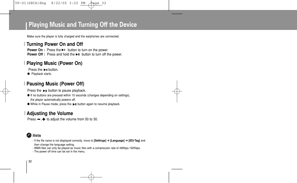 Playing music and turning off the device, Turning power on and off, Playing music (power on) | Pausing music (power off), Adjusting the volume | Samsung YP-U1Z-XAP User Manual | Page 32 / 58