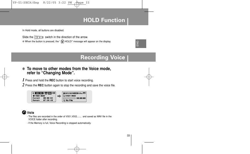 Hold function, Recording voice | Samsung YP-U1Z-XAP User Manual | Page 33 / 58
