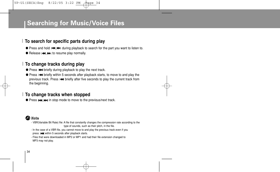 Searching for music/voice files, To search for specific parts during play, To change tracks during play | To change tracks when stopped | Samsung YP-U1Z-XAP User Manual | Page 34 / 58