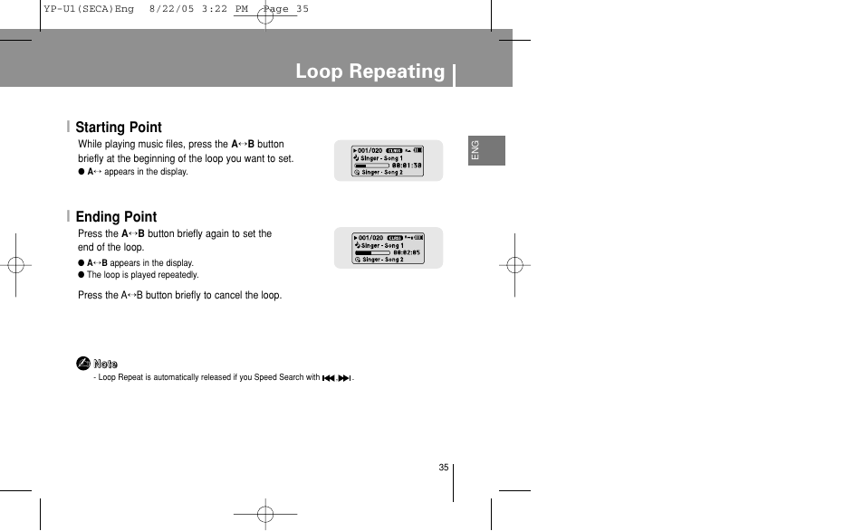 Loop repeating, Starting point, Ending point | Samsung YP-U1Z-XAP User Manual | Page 35 / 58