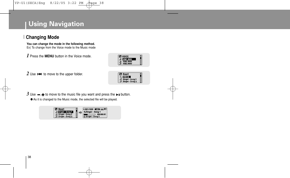 Changing mode, Using navigation | Samsung YP-U1Z-XAP User Manual | Page 38 / 58