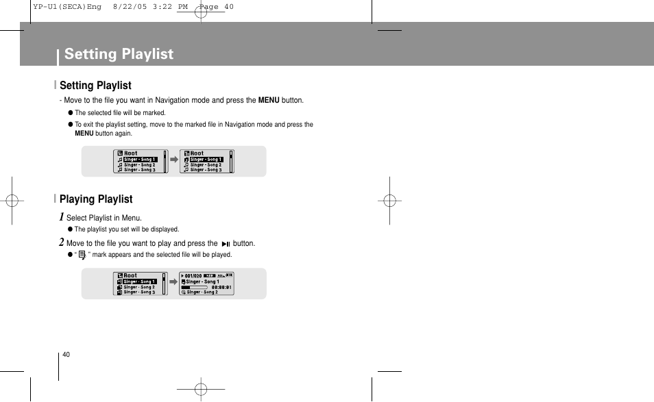 Setting playlist, Playing playlist | Samsung YP-U1Z-XAP User Manual | Page 40 / 58