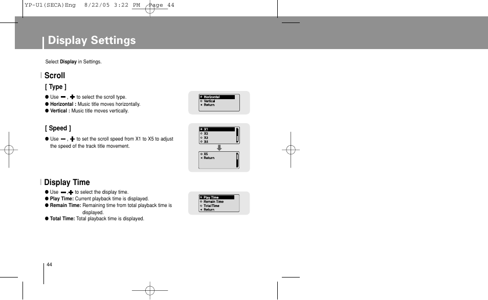Display settings, Scroll, Display time | Iscroll, Idisplay time | Samsung YP-U1Z-XAP User Manual | Page 44 / 58